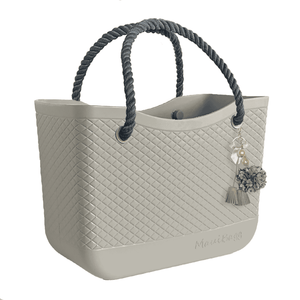 Platinum Bag, Gray Handles, Liner and Flower Puff Tassel Bundle