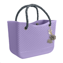 Load image into Gallery viewer, Lilac Bag, Gray Handles, Liner and Flower Puff Tassel Bundle