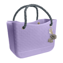 Load image into Gallery viewer, Lilac Bag, Gray Handles, Liner and Flower Puff Tassel Bundle